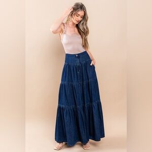 Boho Western Dark Denim Tiered Maxi Skirt with Pockets